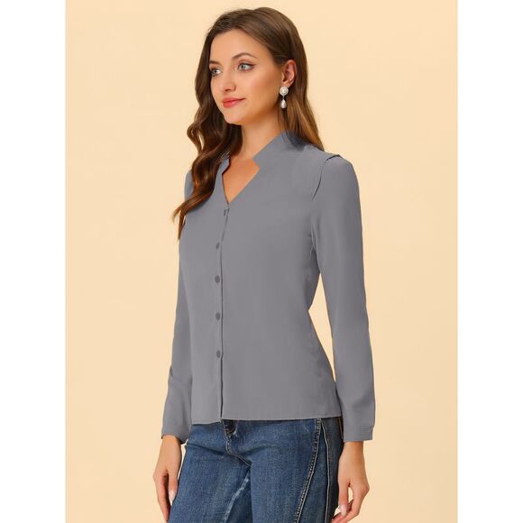 Blouse Button Up Long Sleeve V Neck Chiffon Shirt Grey - Picture 3 of 5